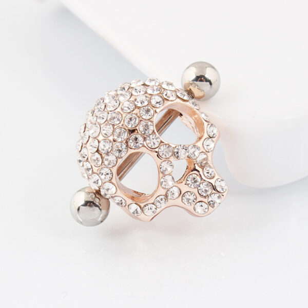 Anti-Allergy Medical Stainless Steel Rod Human Body Piercing Golden Skull Rhinestone Nipple Ring - Image 5