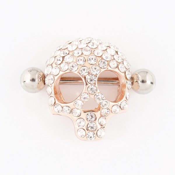 Anti-Allergy Medical Stainless Steel Rod Human Body Piercing Golden Skull Rhinestone Nipple Ring - Image 2