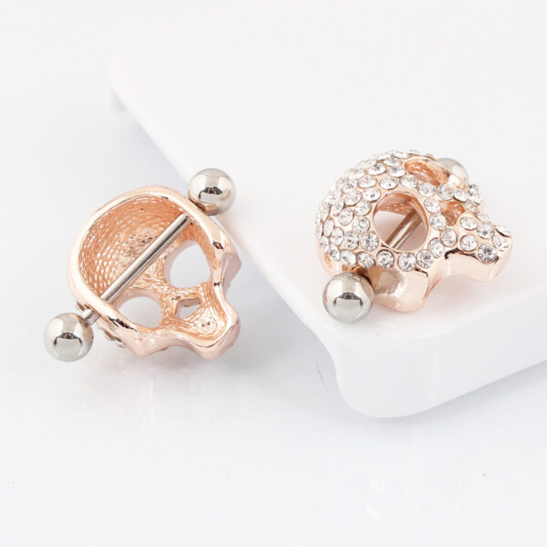 Anti-Allergy Medical Stainless Steel Rod Human Body Piercing Golden Skull Rhinestone Nipple Ring - Image 6