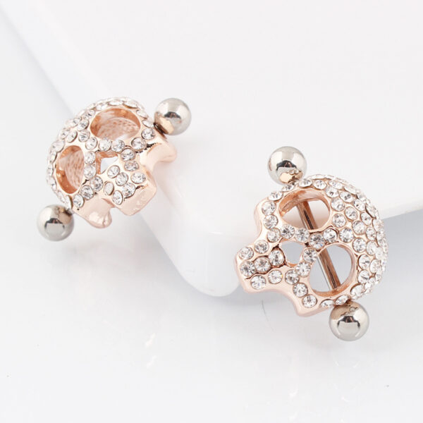 Anti-Allergy Medical Stainless Steel Rod Human Body Piercing Golden Skull Rhinestone Nipple Ring - Image 4