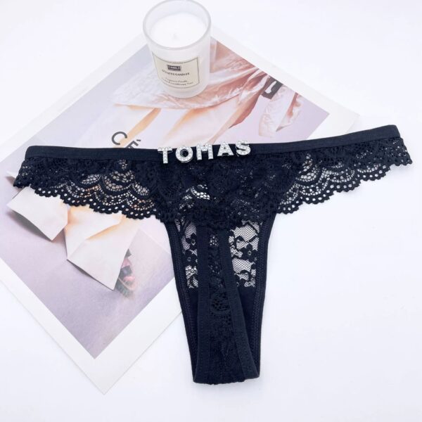 Rhinestone Letter Lace See-through Thong - Image 2