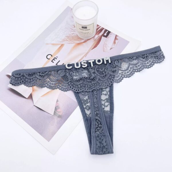 Rhinestone Letter Lace See-through Thong - Image 3