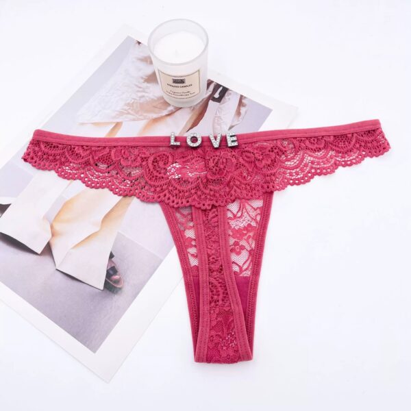 Rhinestone Letter Lace See-through Thong - Image 4