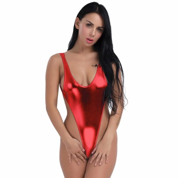 Womens Shiny Swimsuit Gymnastics Full Thong High Waist Bodysuit - Image 6