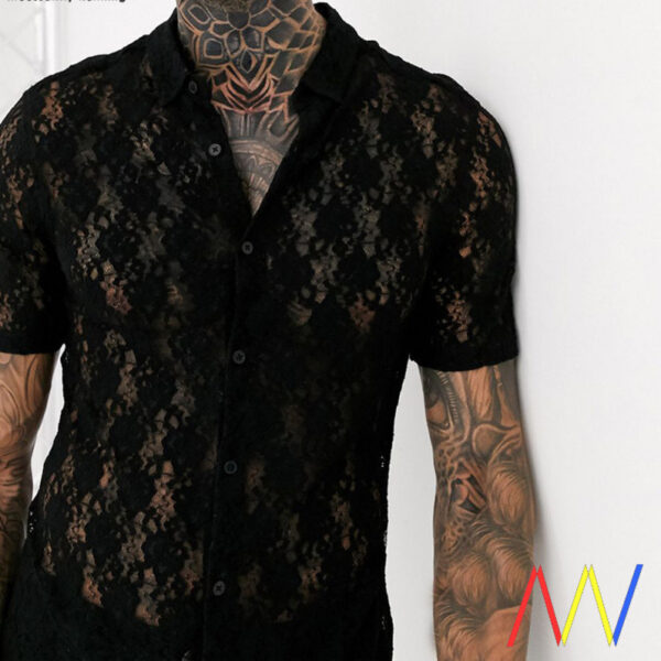 Men's Lace T-shirt Men's Transparent Shirt Top Nightclub - Image 2