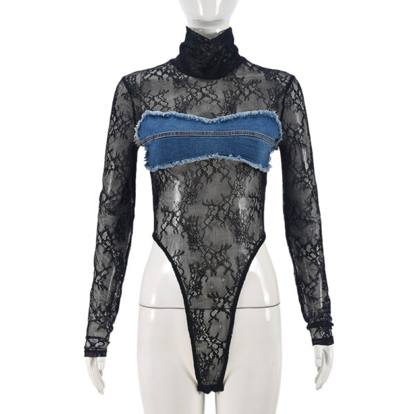 Sexy Long Sleeve Turtleneck See-through Denim Lace Color Matching Jumpsuit - Image 5
