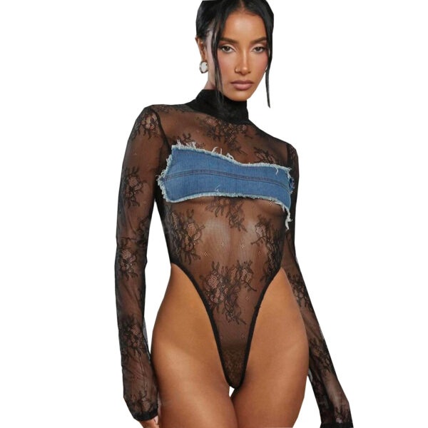 Sexy Long Sleeve Turtleneck See-through Denim Lace Color Matching Jumpsuit - Image 3