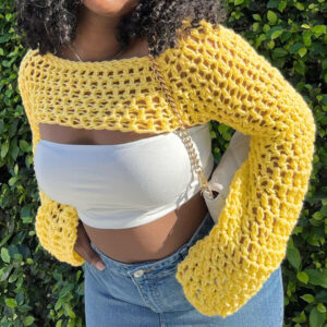 SweaterWool Knitted Cutout Chain Link Super Short Blouse Cream Yellow