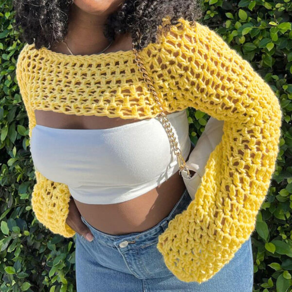 SweaterWool Knitted Cutout Chain Link Super Short Blouse Cream Yellow