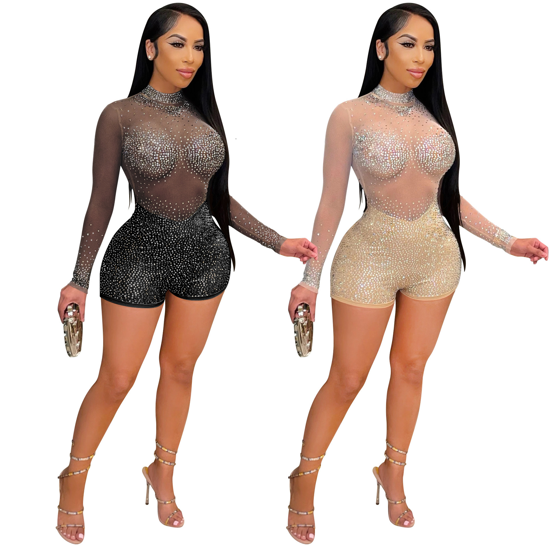Round Neck Long Sleeve Nightclub Party Hot Drilling See-through Jumpsuit - Image 5
