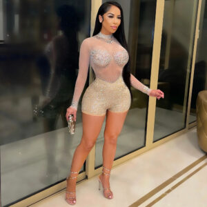 Round Neck Long Sleeve Nightclub Party Hot Drilling See-through Jumpsuit