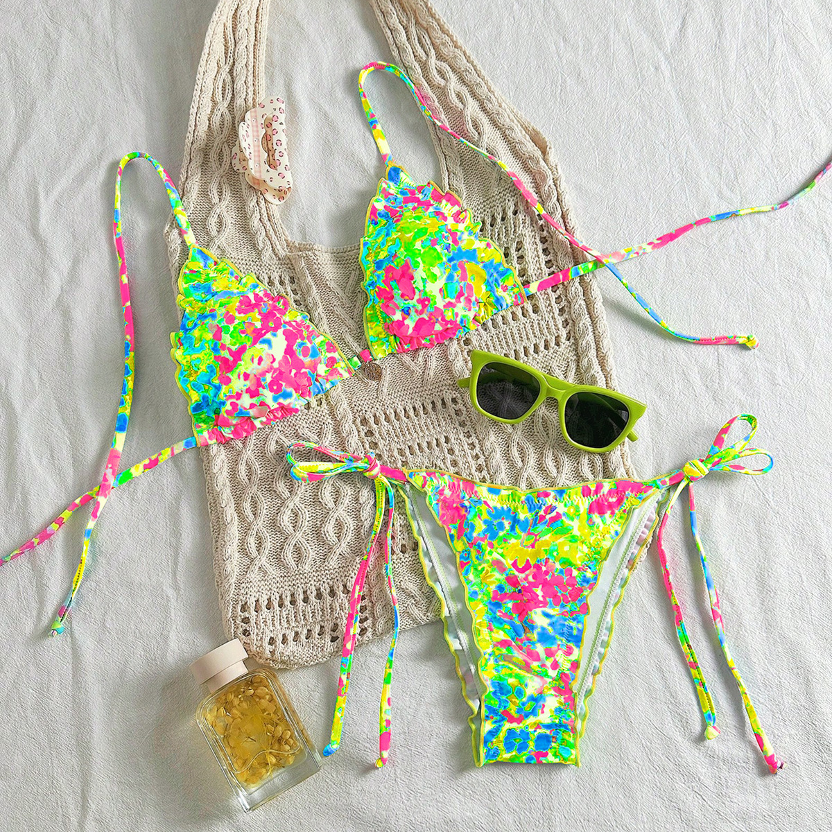 Colorful Tree Fungus-like Lacework Halter Lace-up Style Bikini