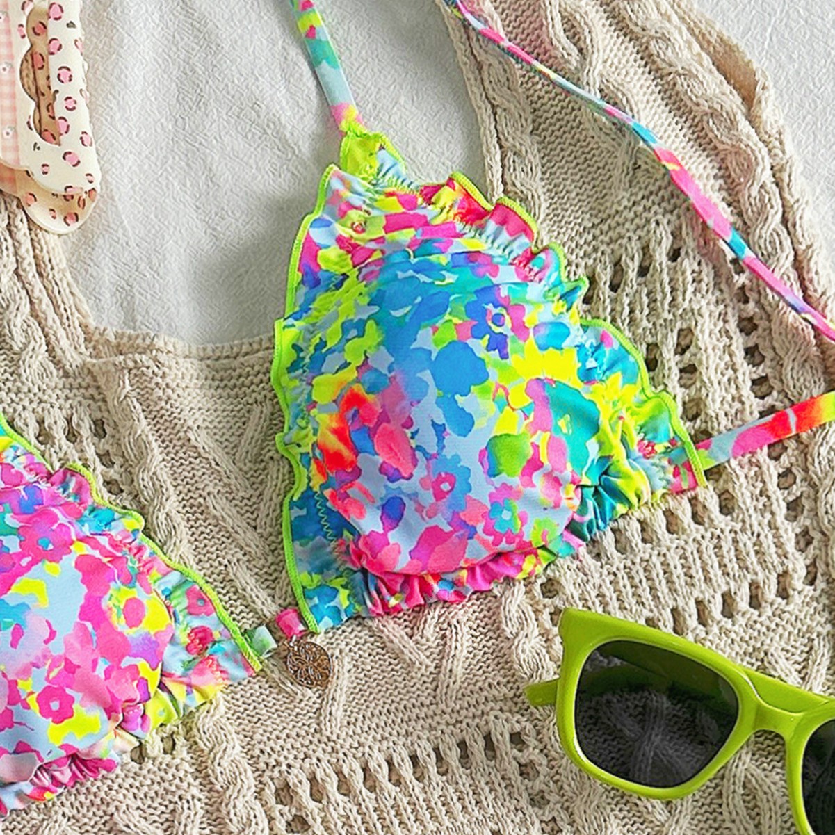 Colorful Tree Fungus-like Lacework Halter Lace-up Style Bikini - Image 6