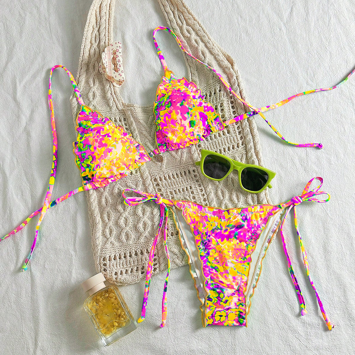 Colorful Tree Fungus-like Lacework Halter Lace-up Style Bikini - Image 7