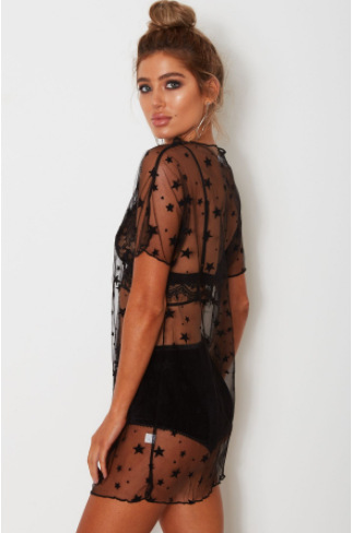 Black sexy stars round neck short sleeve perspective mesh women's clothing - Image 2