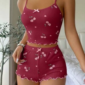 Cherry Print Pajama Set  Cute Bow Trimmed Camisole And Sleep Shorts, Comfortable Loungewear