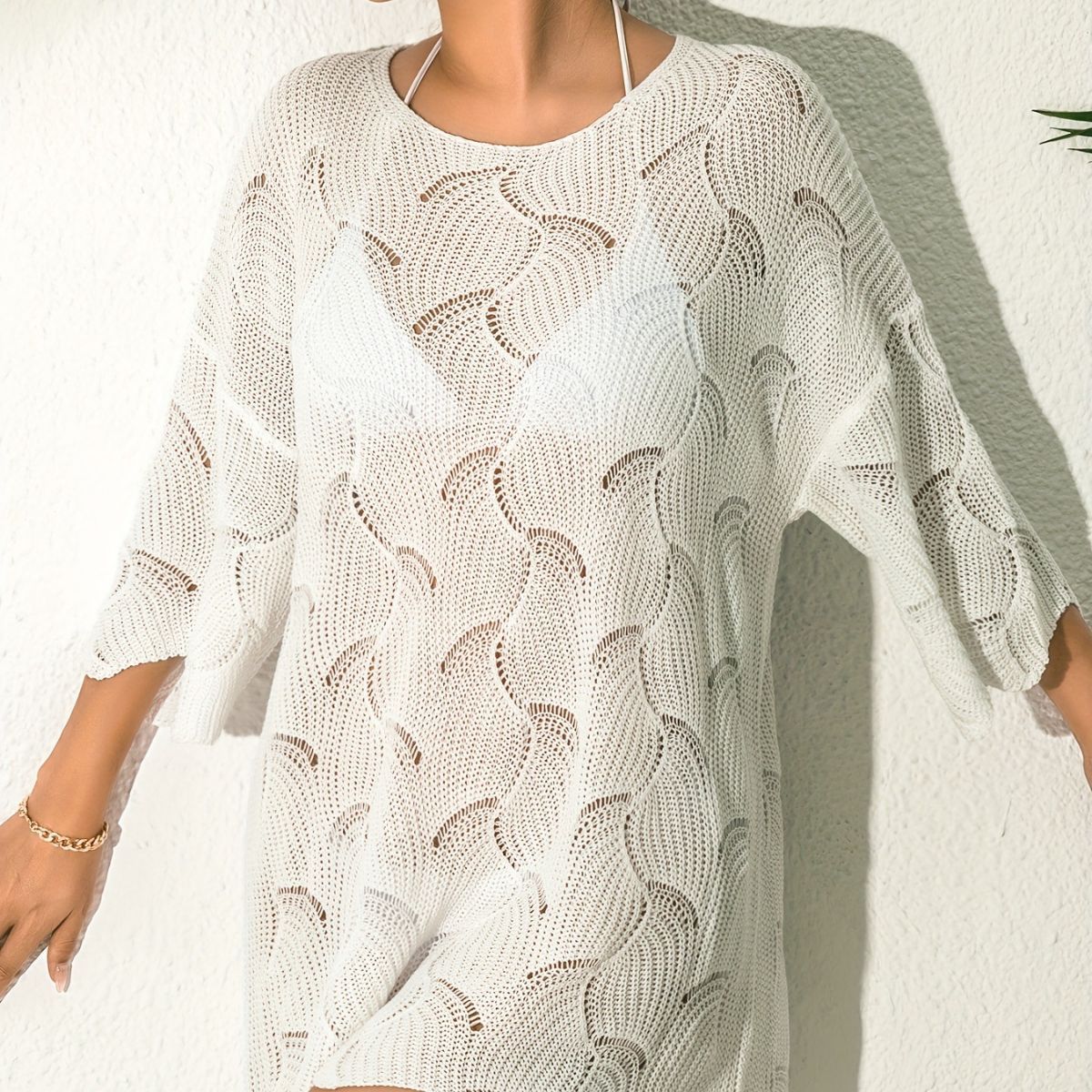 Round Neck Hollow-out Knitted Pullover Blouse - Image 8