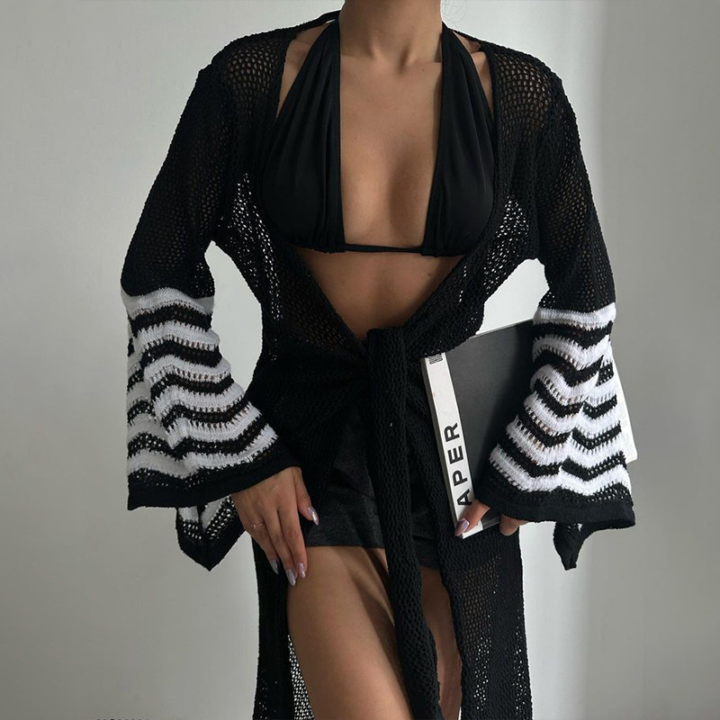 Solid Color Knitted Beach Bikini Swimsuit Blouse - Image 6