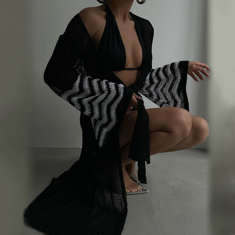 Solid Color Knitted Beach Bikini Swimsuit Blouse - Image 2