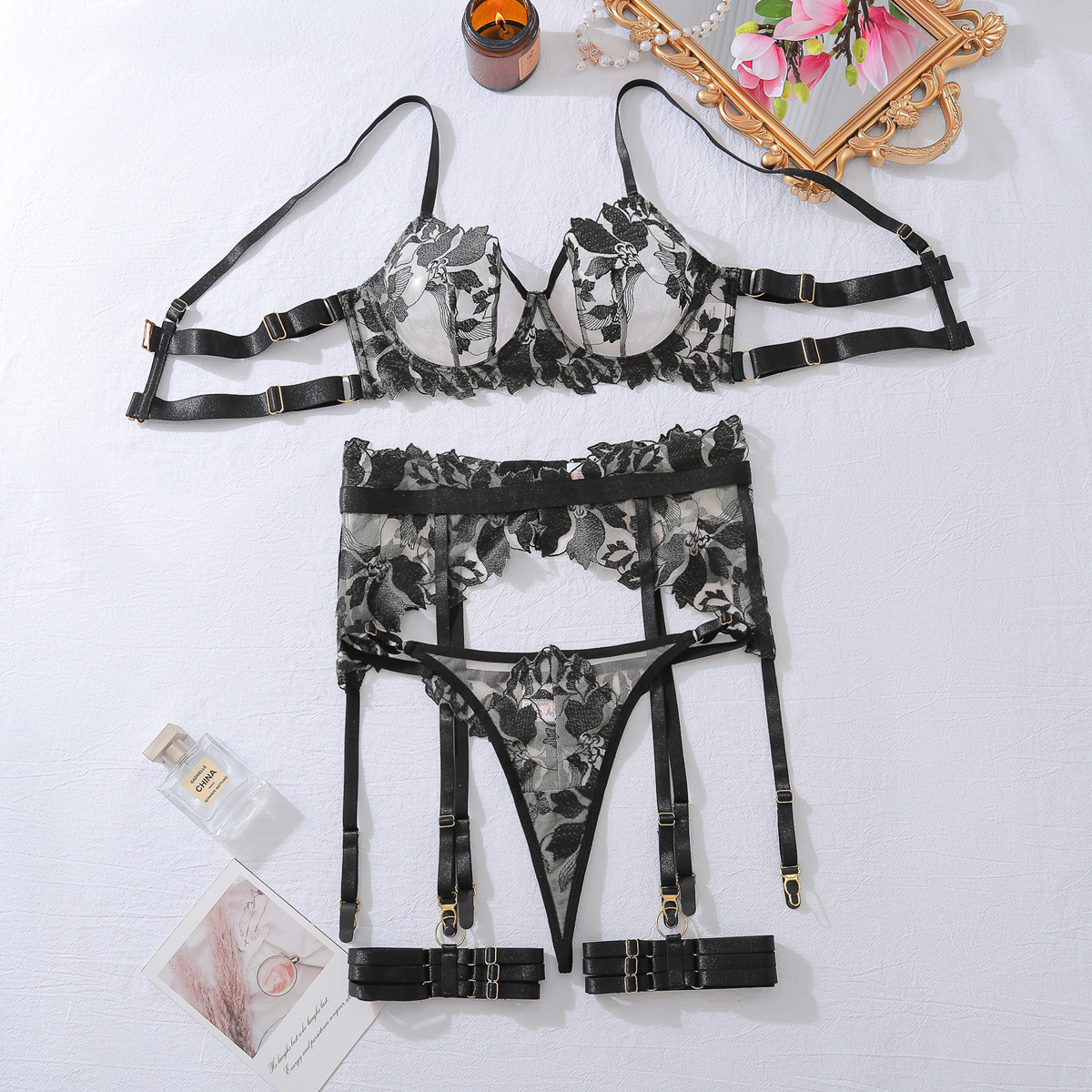 Hollow Underwear Underwear Four-piece Ultra-thin Mesh See-through Suit - Image 2