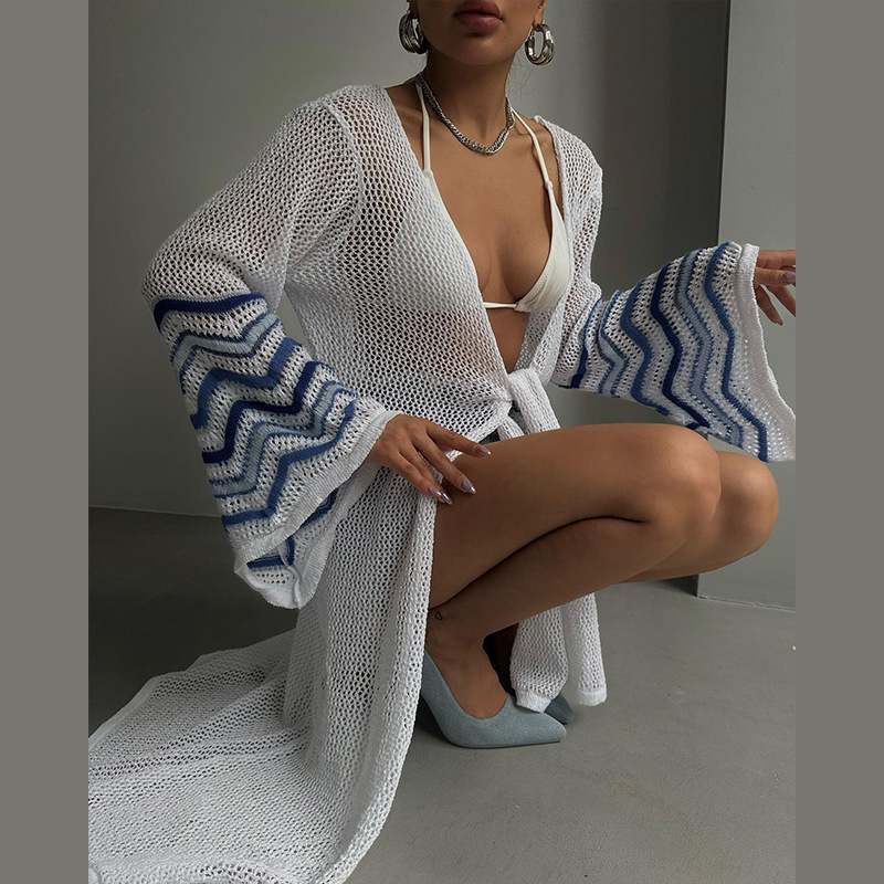 Solid Color Knitted Beach Bikini Swimsuit Blouse - Image 5