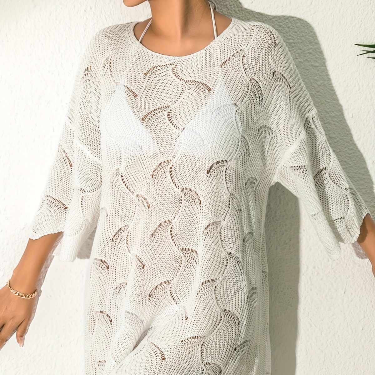 Round Neck Hollow-out Knitted Pullover Blouse - Image 10